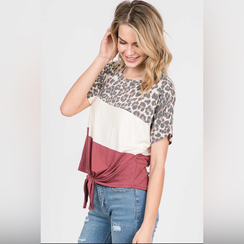 Leopard Print Color Block Front Tie Top